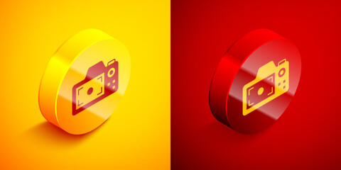 Isometric Photo camera icon isolated on orange and red background. Foto camera. Digital photography. Circle button. Vector