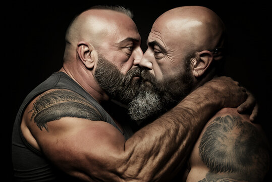 kissing gay partner.giant hyper muscle growth, intimate randy satyric intense desperate primal deep ravenous hulking indulgent,generative ai.