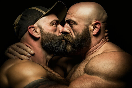 kissing gay partner.giant hyper muscle growth, intimate randy satyric intense desperate primal deep ravenous hulking indulgent,generative ai.