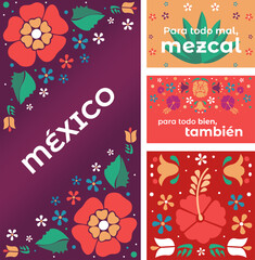 Plantilla tarjetas coloridas decoradas con flores estilo bordado mexicano. "Para todo mal, mezcal, para todo bien, también"
