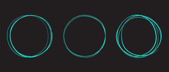 Turquoise circle line hand drawn set. Highlight hand drawing circle on black background. Round handwritten circle. For marking text, note, mark icon, number, marker pen, pencil and text check, vector