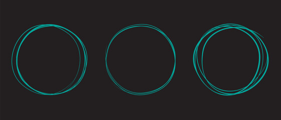 Teal circle line hand drawn set. Highlight hand drawing circle on black background. Round handwritten circle. For marking text, note, logo, mark icon, number, marker pen, pencil and text check, vector