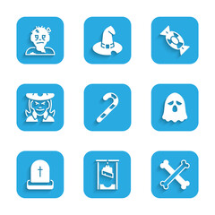 Set Christmas candy cane, Guillotine, Crossed bones, Ghost, Tombstone with RIP written, Witch, Candy and Zombie mask icon. Vector