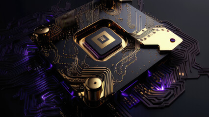 Abstract modern blue purple black gold circuit board cyberspace design. Created with Generative Ai technology