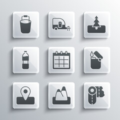 Set Mountains, Paper towel roll, Lighter, Calendar, Location for camping, Bottle of water, Bucket and Tree icon. Vector