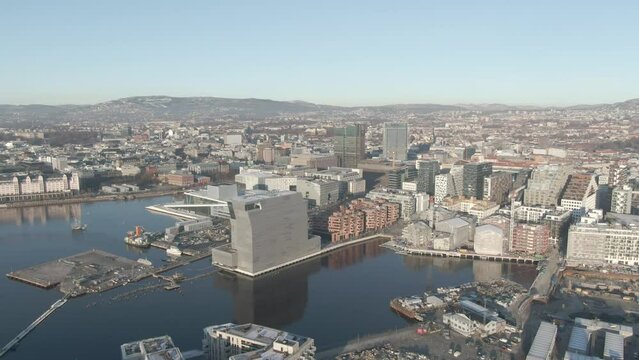 Aerial drone shot of central part of Oslo (Bjorvika, Barcode and Munch museum) at daylight