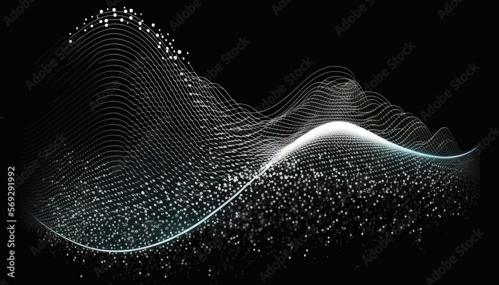 Fototapete a computer generated wave with dots and lines on a black background with space for text or a logo wi