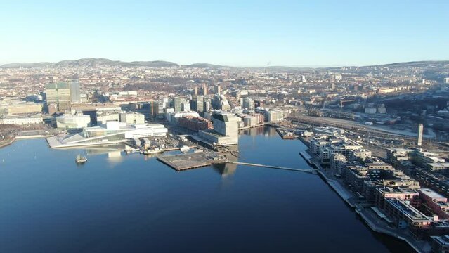 Aerial drone shot of central part of Oslo (Bjorvika, Barcode and Munch museum) at daylight