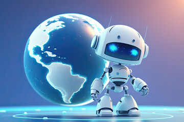 Cute little robot with planet Earth. Blue colors. Futuristic concept of android. Generative AI