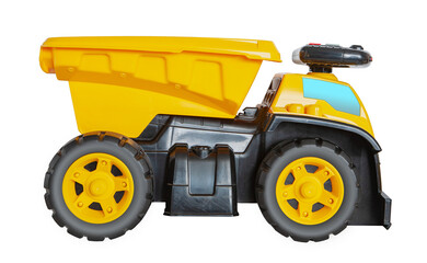 Digital photo of a toy truck with black wheels, yellow carcase and blue window on a transparent background png