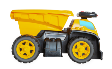 Digital photo of a toy truck with black wheels, yellow carcase and blue window on a transparent background png