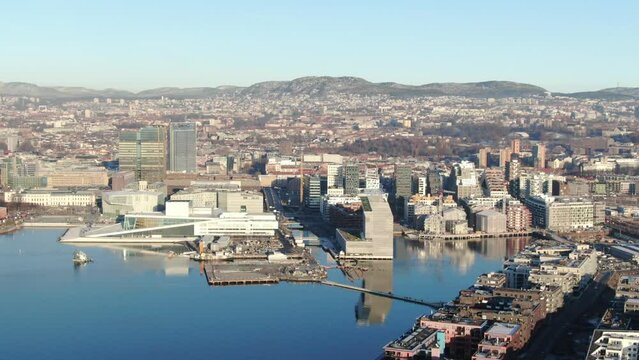 Aerial drone shot of central part of Oslo (Bjorvika, Barcode and Munch museum) at daylight