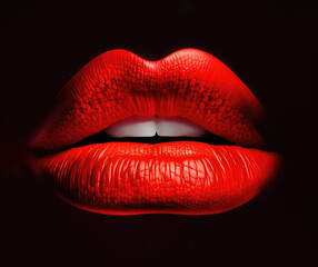 Abstract red lips on a black background.red lips close up. Beautiful make-up. beautiful color on the beauty of the female mouth, close-up. mouth icon. Generative AI