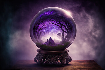 Magic crystal ball with fantasy landscape inside. Mountain and trees inside the witch orb. Generative AI