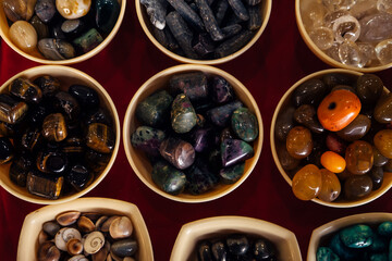 Different semi-precious stones for jewelry top view. background for jewelry, natural minerals