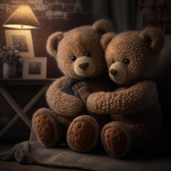 bear toys sit in an embrace. holiday concept gift