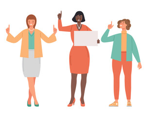 Obraz premium Smiling women pointing with finger up. Young girl portrait with friendly gesture. Positive communication, expressing feelings concept. Vector flat character illustration isolated on white background