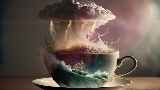 Storm in a teacup metaphor. Generative AI, this image is not based on any original image, character or person.	
