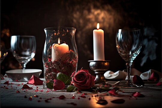 dinner setting with candle and rose, created with ai generative