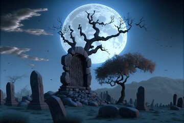 Abandoned Cemetery With Old Celtic Cross Gravestone At Dark Misty Full moon Night, Halloween Horror, Concept Art, Digital Illustration, Generative AI