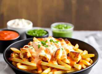 Cheddar Cheese Poured or Pulled from on top Deep Fried French Fries