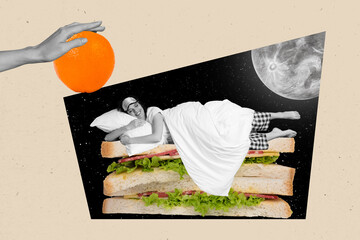 Creative collage image of mini black white gamma girl laying sleeping big sandwich instead bed arm...