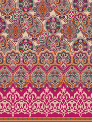 Traditional ethnic geometric shapes border mughal art baroque and multi flower Seamless pattern with paisley ornament, repeat floral texture, vintage background hand drawing baroque. fabric printing.