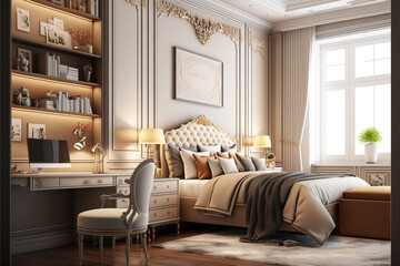Classic bedroom interior. Realistic illustration. Generative AI