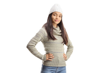 Young woman wearing a white knitted hat