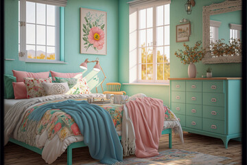 interior of a female cute bedroom. Photo realistic background. Generative AI