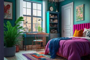 Interior of a female bedroom. Photo realistic background. Generative AI