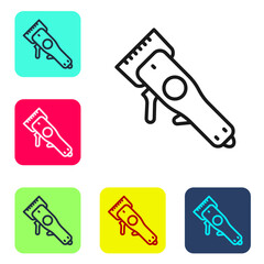 Black line Electrical hair clipper or shaver icon isolated on white background. Barbershop symbol. Set icons in color square buttons. Vector