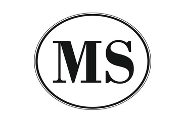 Sign of state of Mississippi for sticking on glass of car. Abbreviation MS
