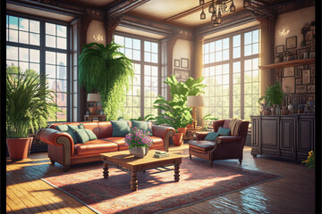 Loft living room interior. Realistic illustration. Generative AI