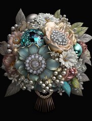 a gorgeous bouquet of floral jewelry, shiny and luxury, isolated on black background.