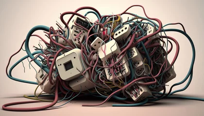 Fotobehang tangled wire and electronic waste, chaos, isolated on vague background. © Jasper W