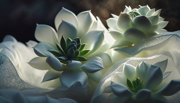 Future succulent plants mixed up with white translucent fabric, close up image, created by generative AI