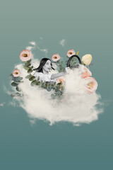Minimalistic collage photo picture poster magazine of happy girl dream own car driving courses...