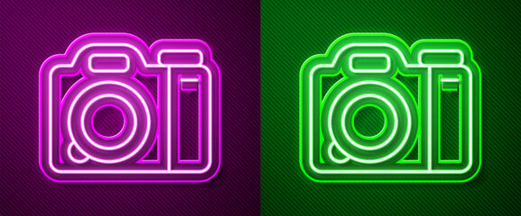 Glowing neon line Photo camera icon isolated on purple and green background. Foto camera. Digital photography. Vector