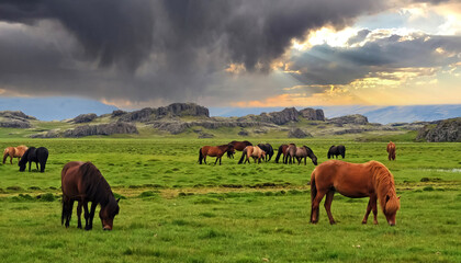 Herd grazing icelandic horses grazing on green lush highlands pasture, dark storm clouds announcing upcomming thunderstorm - Iceland