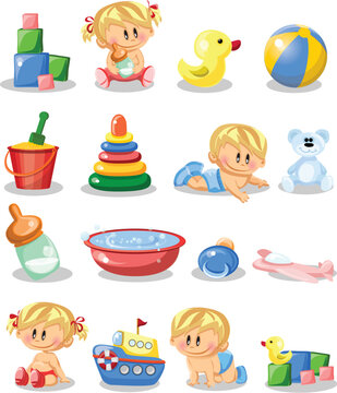 Vector set with a baby boy and girl, baby care accessories, toys. Isolated vector illustration. Perfect for prints, calendar, sticker, invitation, baby shower, children clothes, poster.