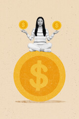 Vertical minimalistic collage photo picture of concentrated focused woman meditate dream more money...
