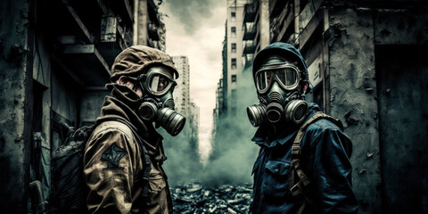 dos militares uniformados con mascara de gas en una zona en guerra catastrofica, generative ai - obrazy, fototapety, plakaty