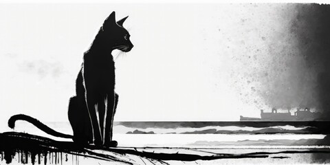 Black cat. Watercolor painting.Generative AI art.