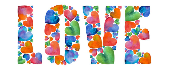 Letters from watercolor hearts. love, background for decoration for Valentine's day, February 14
