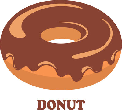 Delicious fluffy donut with glossy chocolate glaze. Food vector illustration. Copy paste.