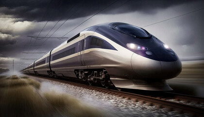 Photo of a modern train going fast, Generative Ai