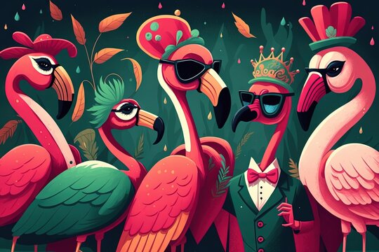 a group of flamingos wearing sunglasses and a tiara, standing next to each other in front of a dark green background with leaves.  generative ai