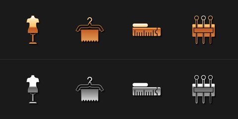 Set Mannequin, Hanger wardrobe, Tape measure and Needle for sewing icon. Vector