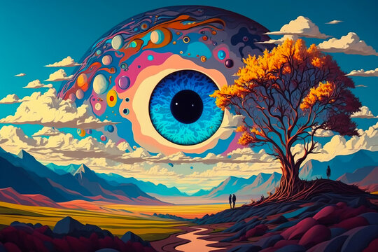 colorful painting of the all seeing eye of the world in a landscape with mountains and sun, created with generative ai